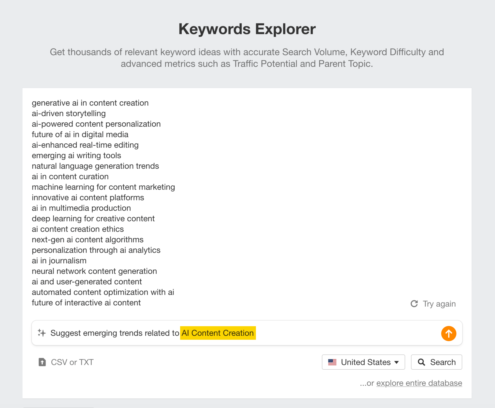 A screenshot of Ahrefs Keyword AI content creation tool, showing AI generated keywords for the query "Suggest emerging trends related to AI content creation"