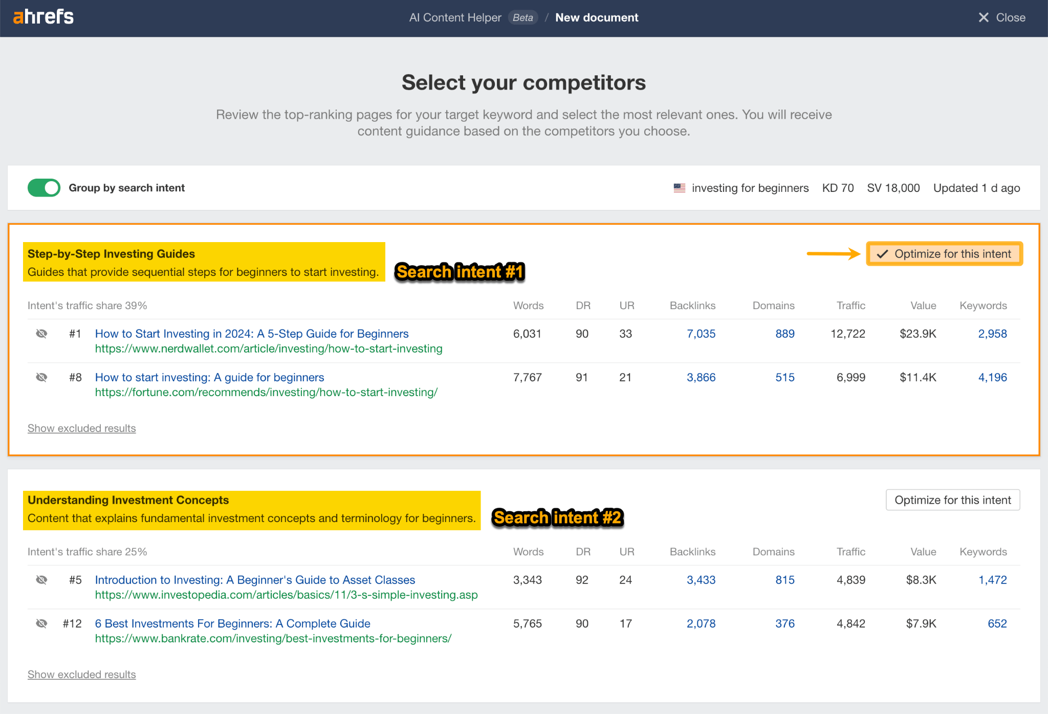 Ahrefs AI Content Helper showing two different search intents for 'Investing guides' topic.