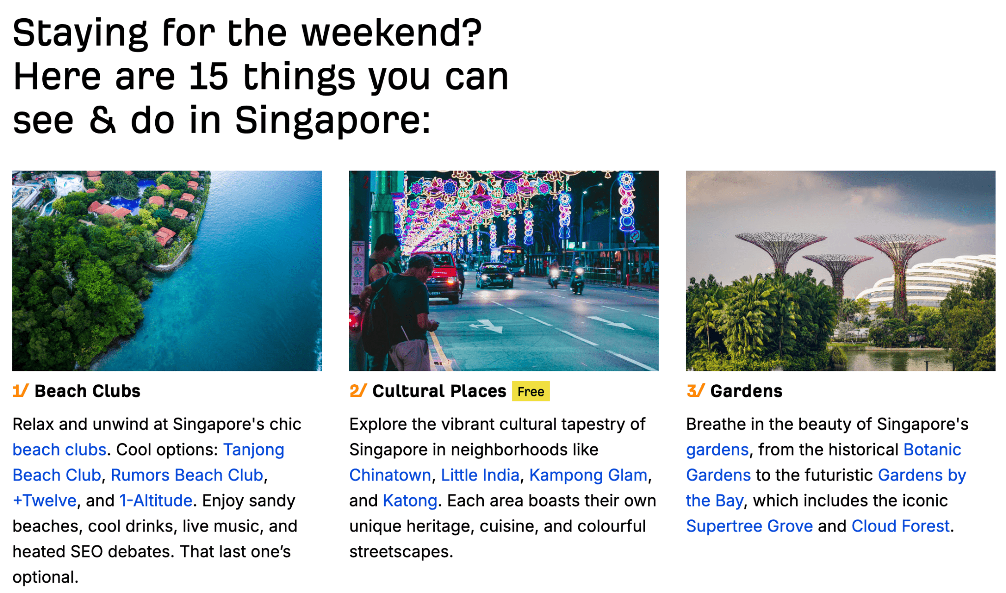 What to do in Singapore section on Evolve's landing page