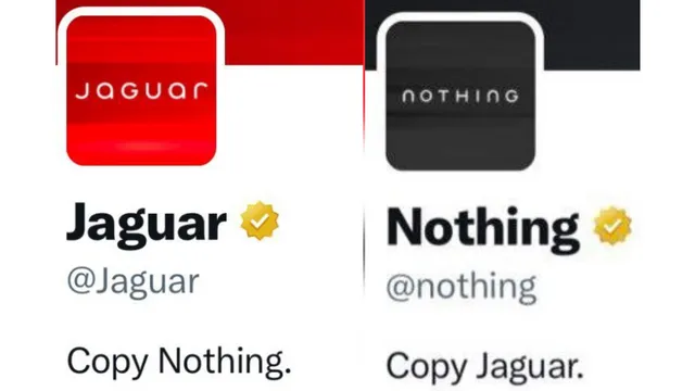 A side by side screenshot of Jaguar's logo rebrand on X, compared with smartphone manufacturer's brand spoof of Jaguar's logo on X