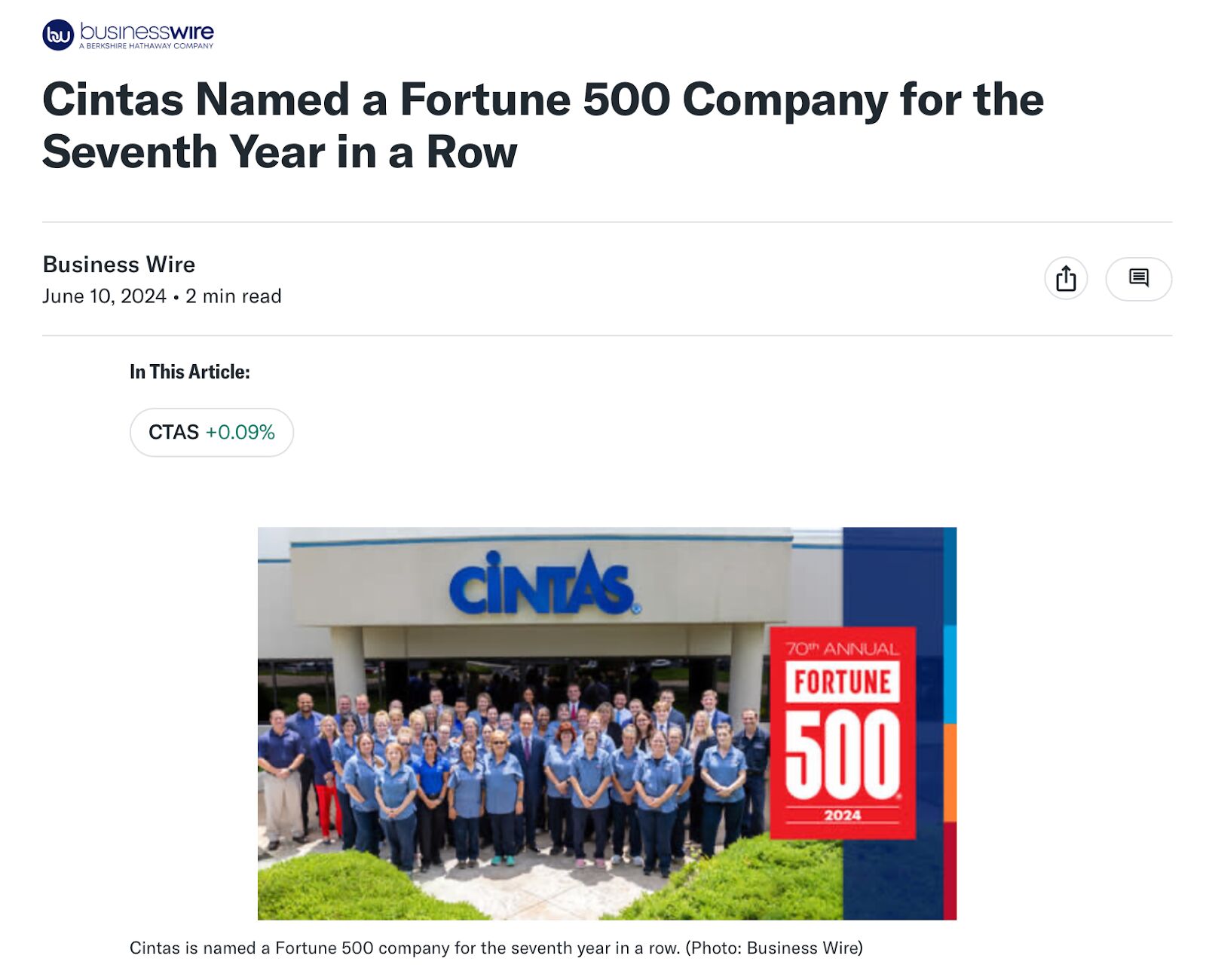 PR piece about Cintas listed in Fortune 500. 