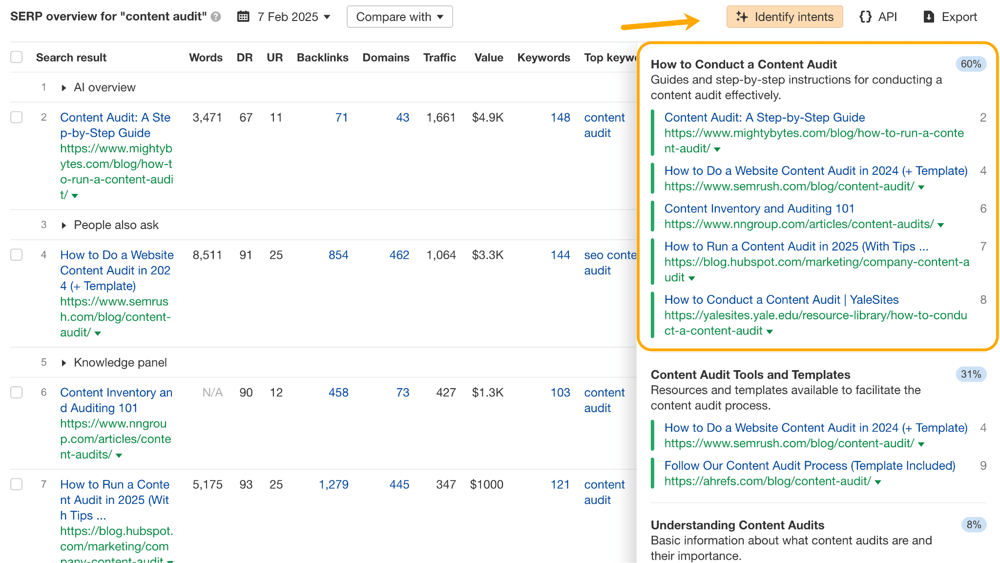 Ahrefs Identify Intents tool, with the dominant intent highlighted for a search on SEO audits