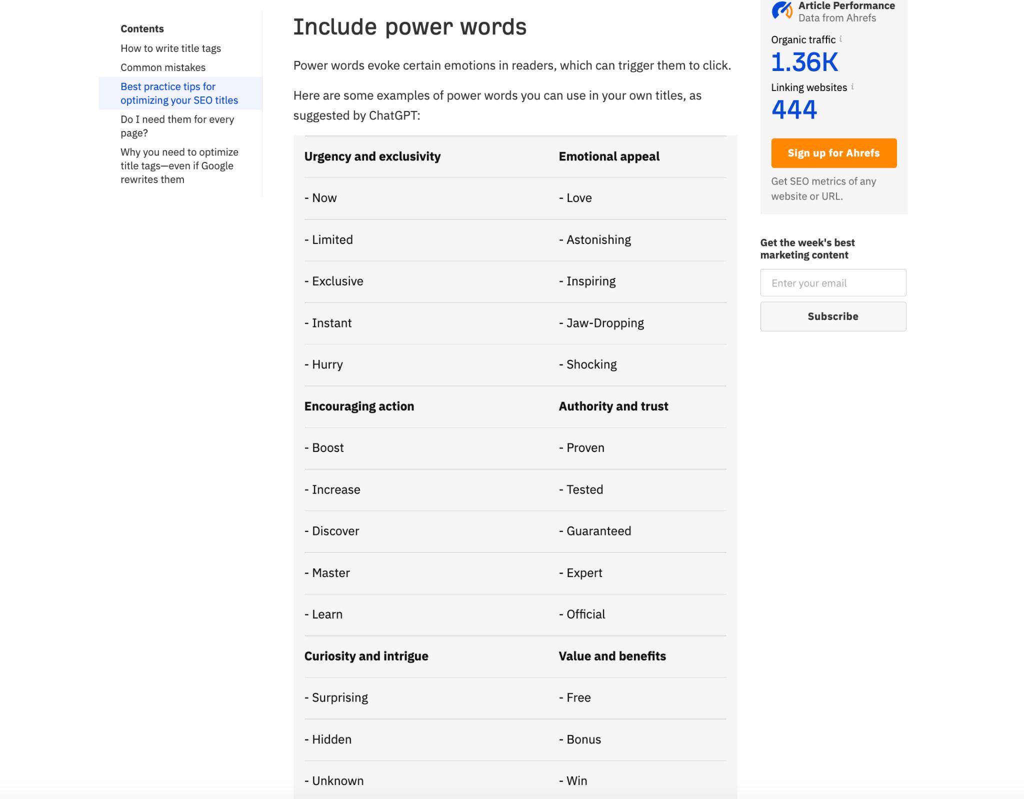 A screenshot of a blog post on title tags showing a table of ChatGPT power words added in