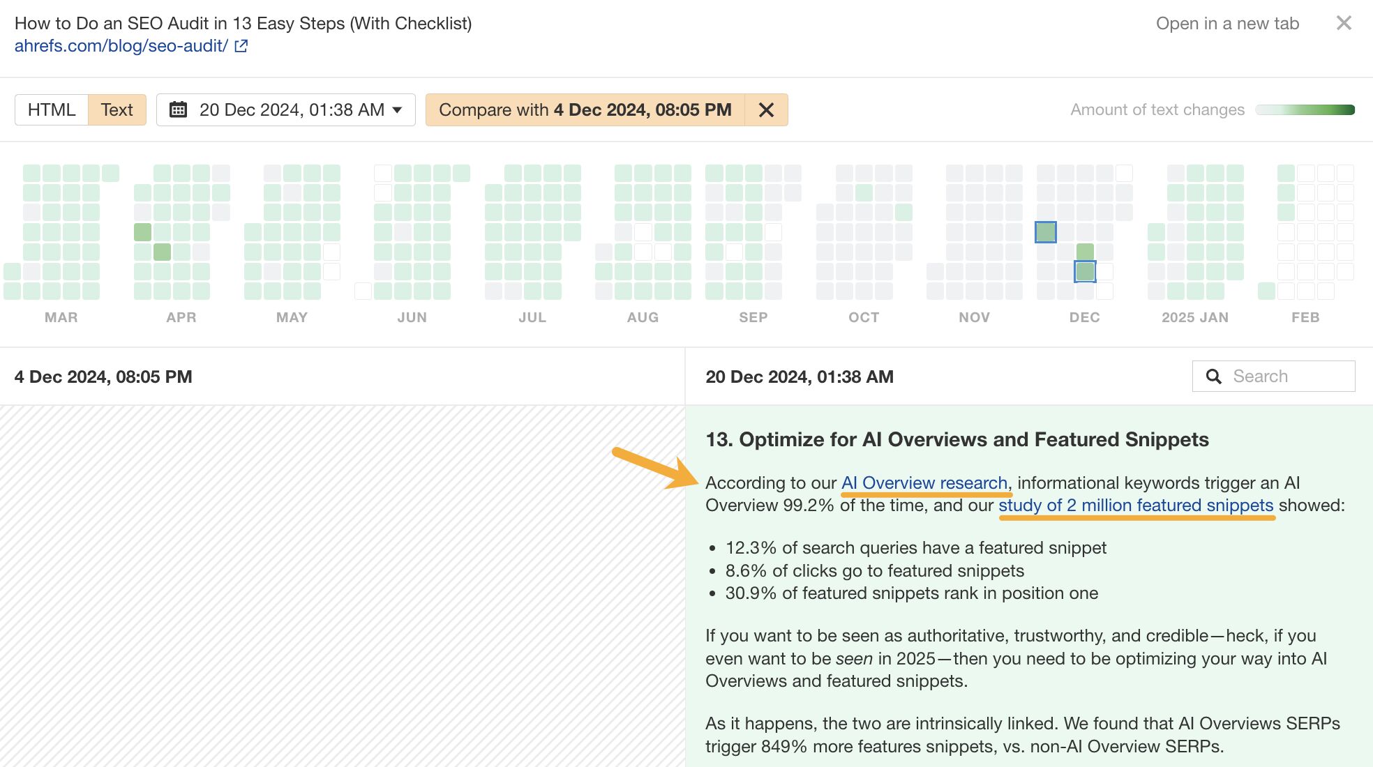 Ahrefs Page Inspect tool in content changes highlighting the addition of a section on AI Overviews in a blog on SEO audits