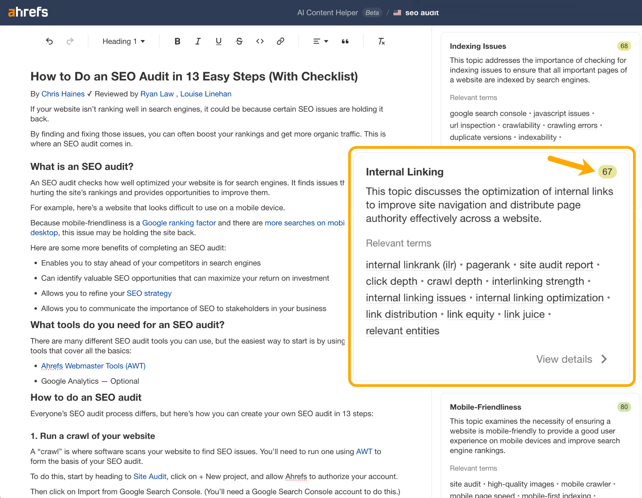 Ahrefs AI Content Helper tool screenshot, highlighting a score of 67 for the topic of "internal linking" since content was updated