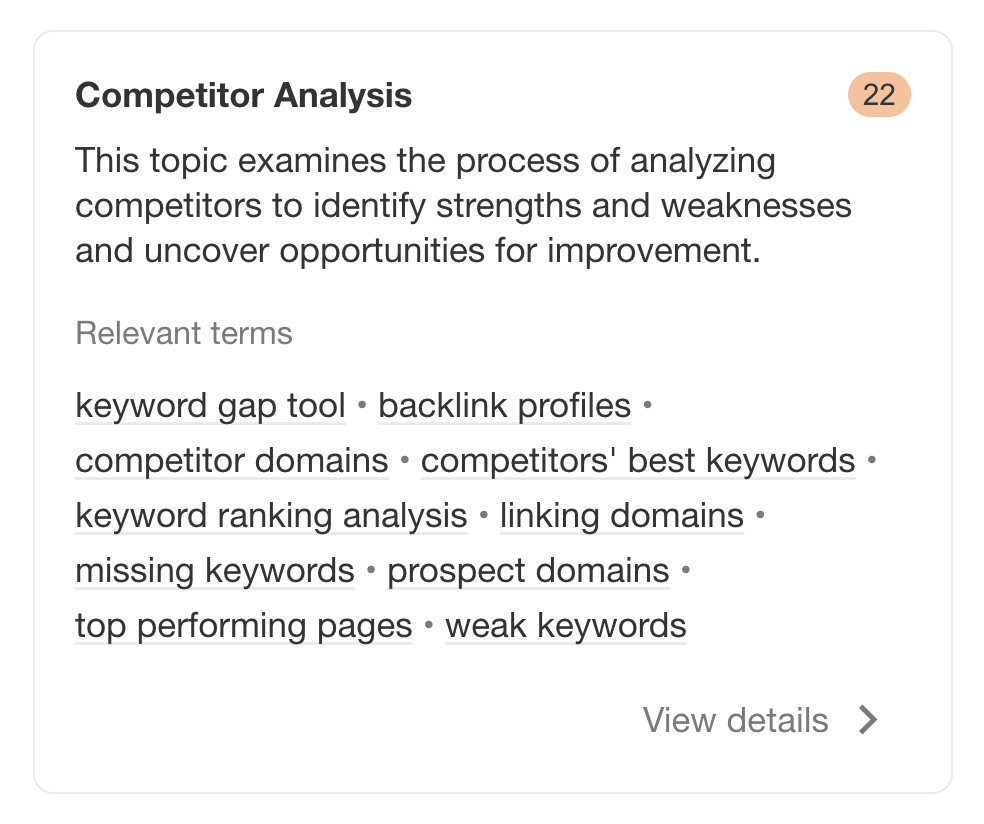 A screenshot of a topic gap about "Competitor analysis" showing a score of 22, in an article on SEO audits. 