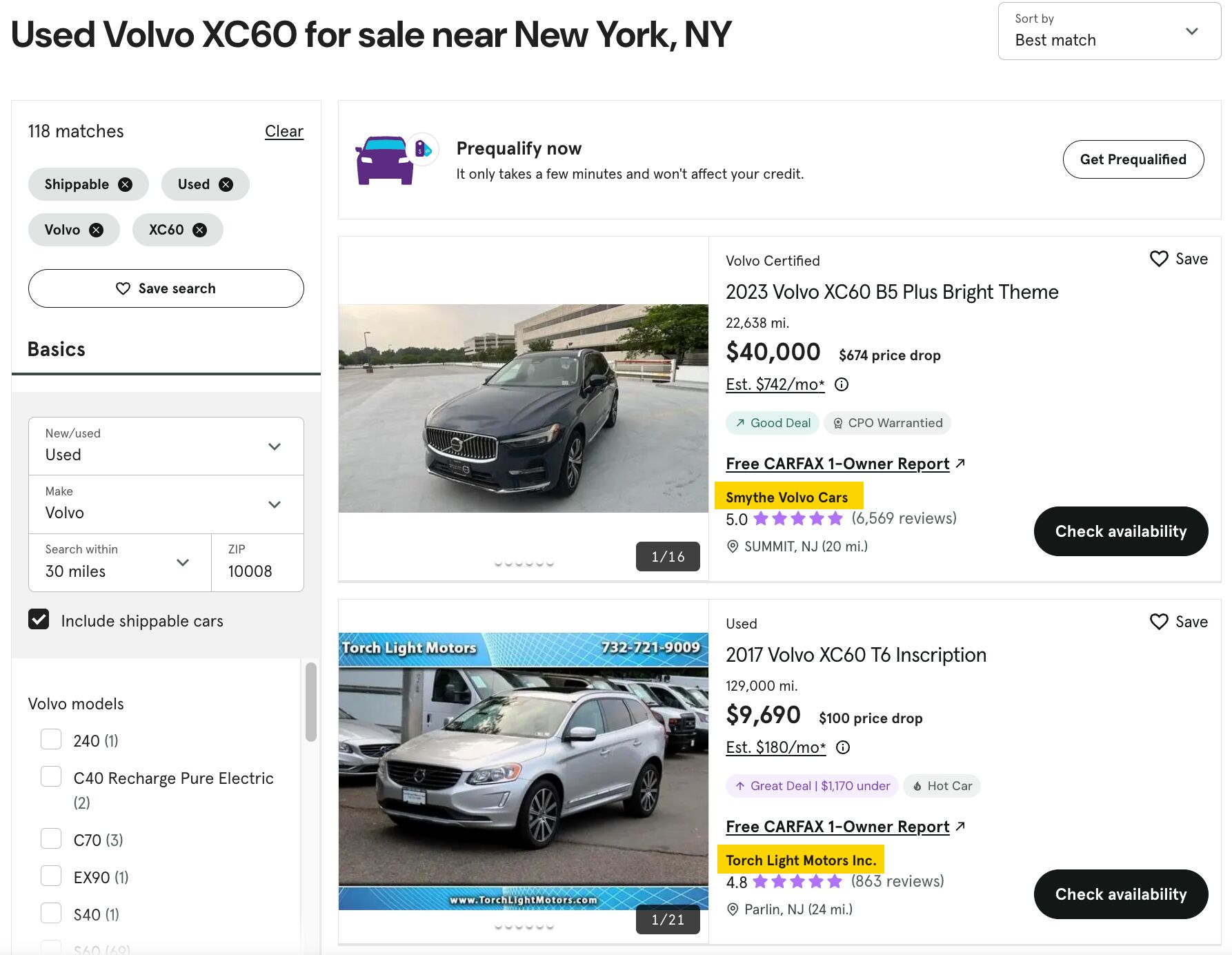 Car listing aggregator with different dealerships.