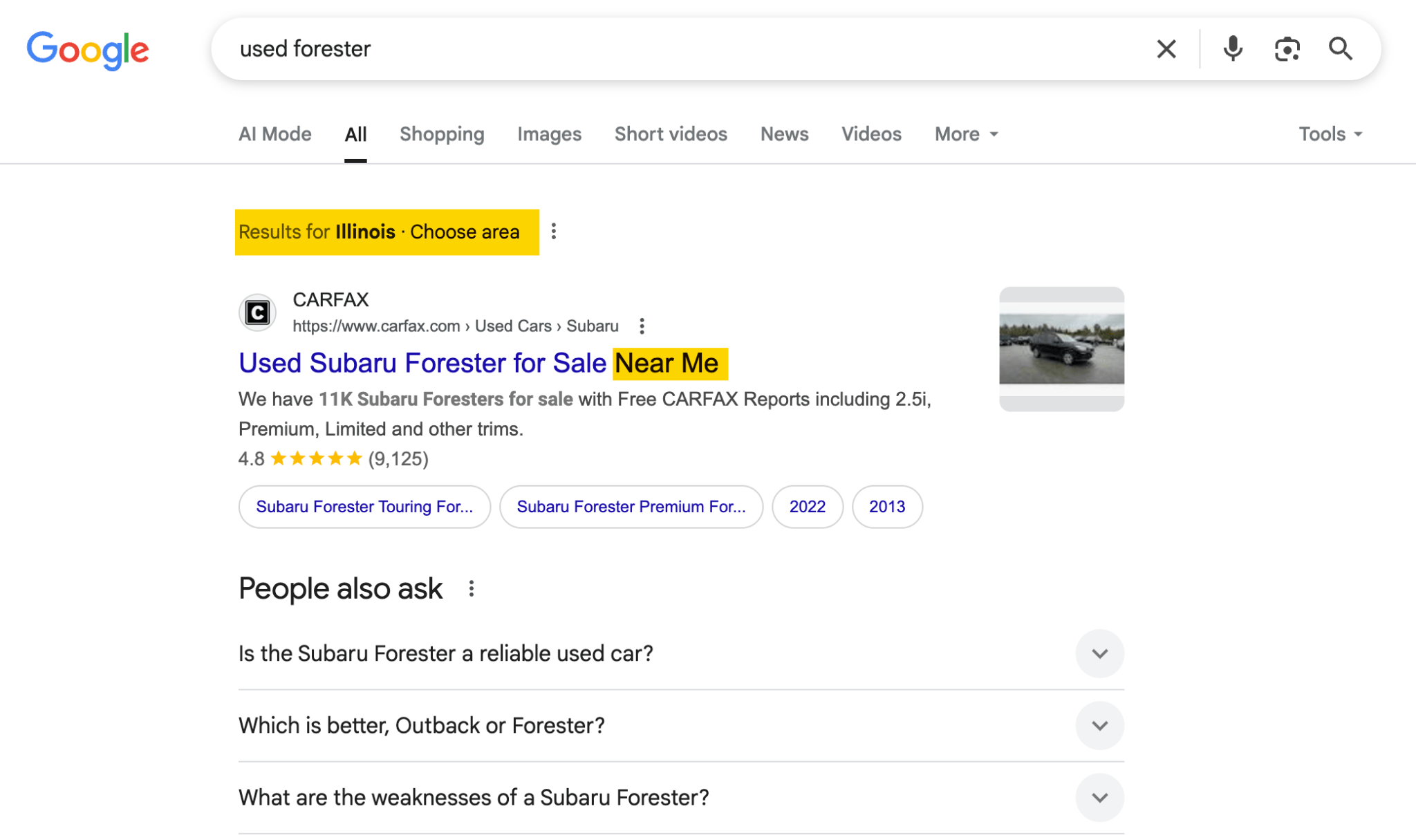 Google SERP for "used forester".