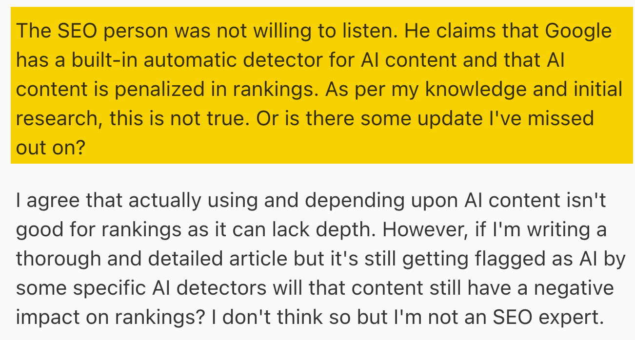 A Reddit comment saying AI content will be penalized