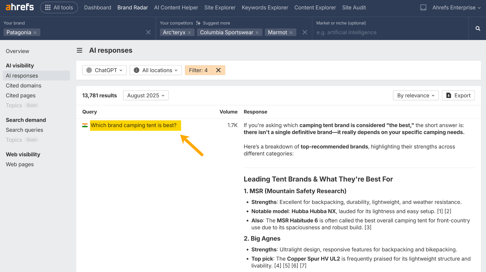 Screenshot of Ahrefs Brand Radar showing AI responses for Patagonia brand analysis. The interface displays a query "Which brand camping tent is best?" (highlighted in yellow) with 1.7K volume.