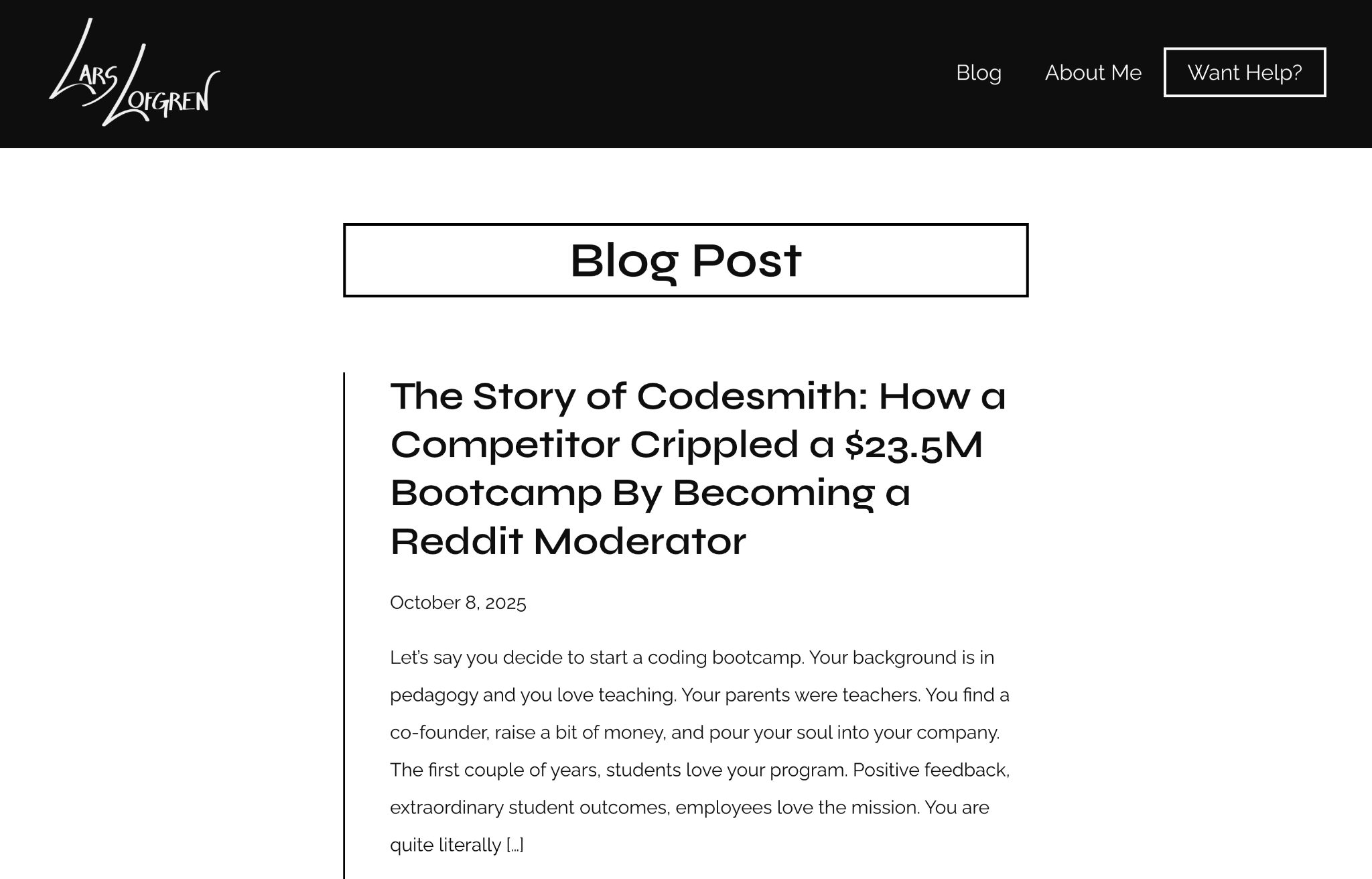 Blog post titled "The Story of Codesmith: How a Competitor Crippled a $23.5M Bootcamp By Becoming a Reddit Moderator" dated October 8, 2025