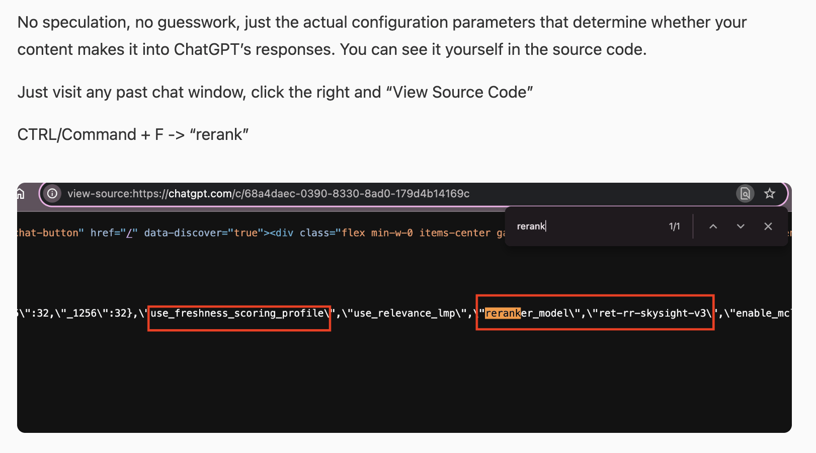 Browser developer tools showing ChatGPT source code with highlighted parameters: "use_freshness_scoring_profile" and "reranker_mode"