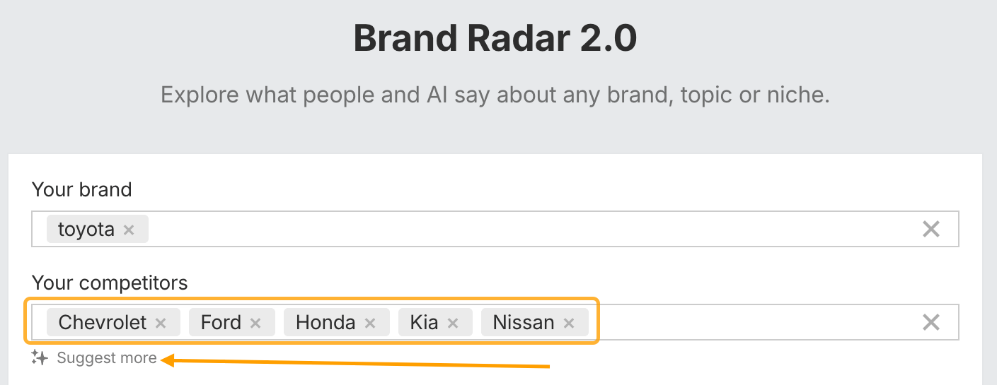 Using the AI suggestion feature to auto-populate your top competitors in Ahrefs' Brand Radar