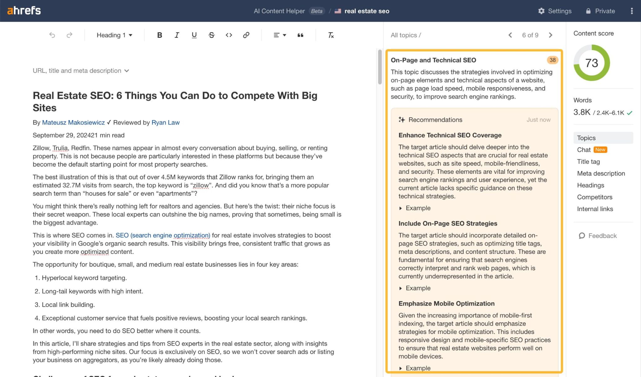 Screenshot of Ahrefs’ AI Content Helper tool showing On-Page and Technical SEO recommendations for an article about real estate SEO.
