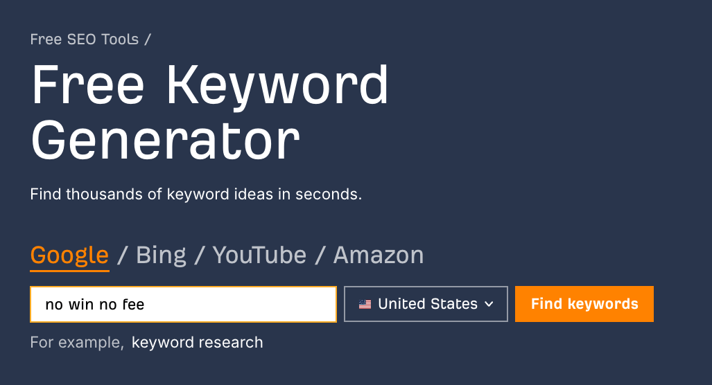 Using Ahrefs' free keyword generator to validate various keywords or features to connect your brand to.