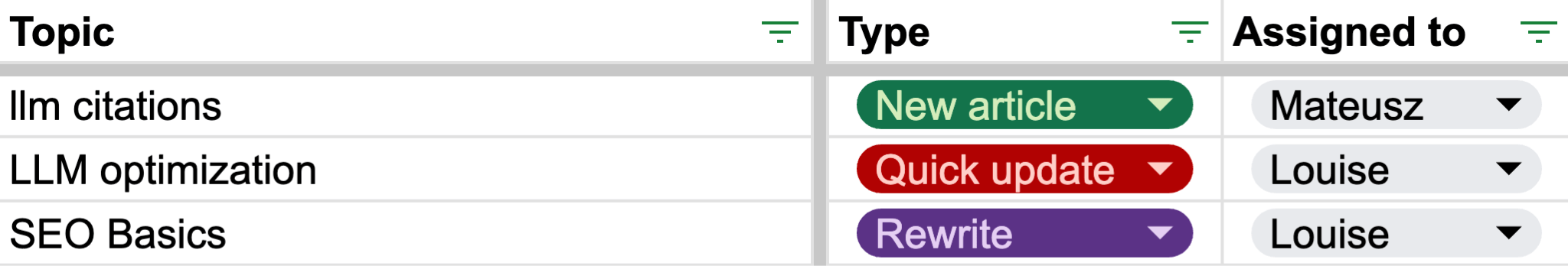 A spreadsheet showing three columns: Topic, Type, and Assigned to. Three items are listed: "llm citations" assigned to Mateusz as a New article (green), "LLM optimization" assigned to Louise as a Quick update (red), and "SEO Basics" assigned to Louise as a Rewrite (purple). Each column header has a filter icon.