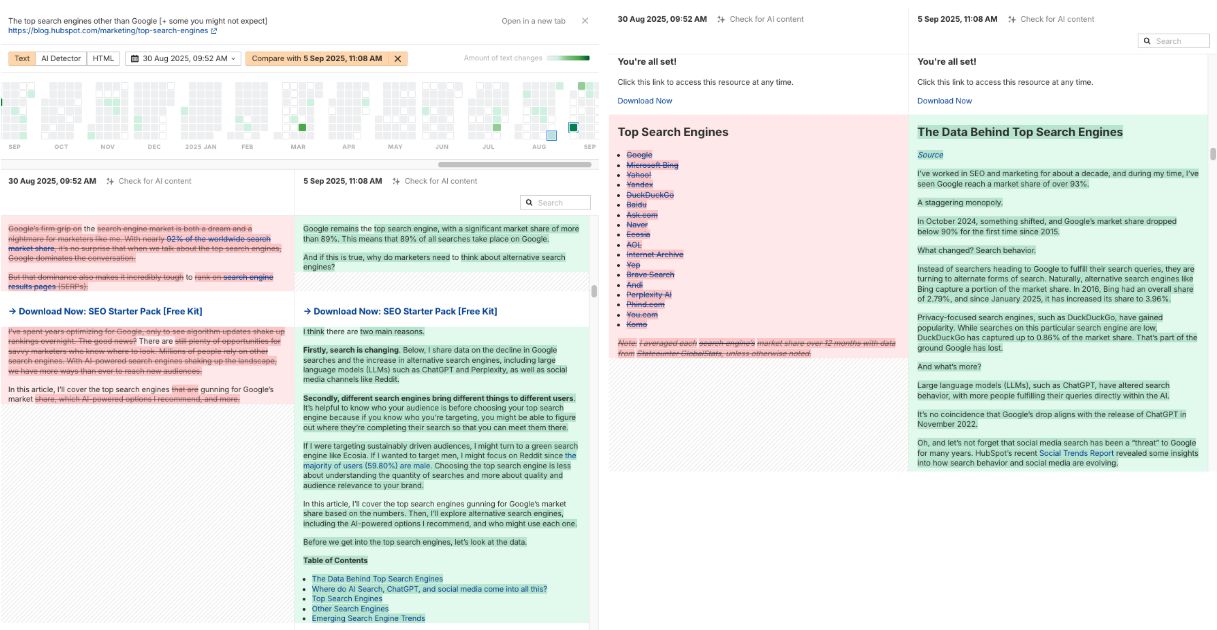 Ahrefs Content Changes calendar view and side-by-side comparison of HubSpot's "Top Search Engines" article on 30 Aug 2025 (red) and 5 Sep 2025 (green).  Lots of content is crossed out from August.