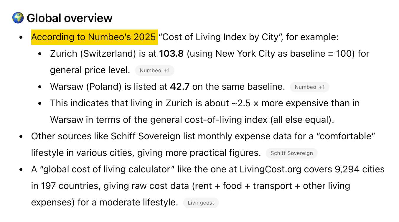 Screenshot of a ChatGPT response providing a 'Global overview' of cost of living based on Numbeo's 2025 index, demonstrating the AI's preference for current and time-sensitive data gathered via web search.