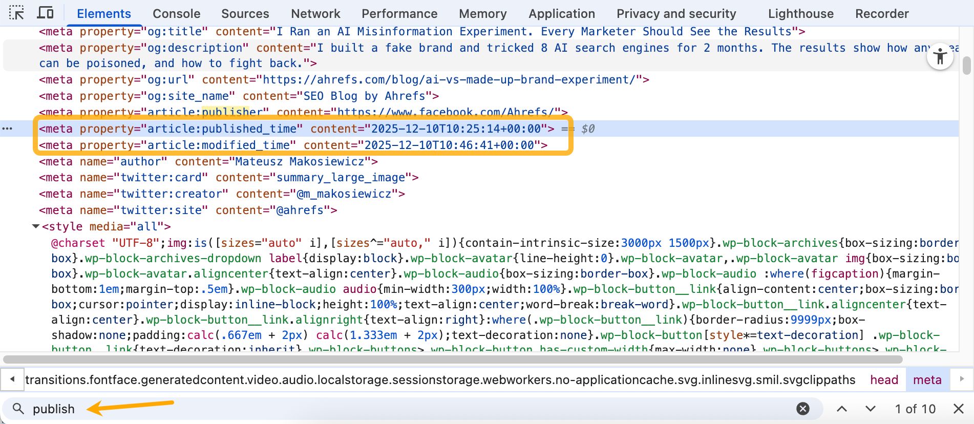 Browser DevTools showing HTML meta tags for article publish and modified times set to "2025-12-10". A "publish" search is highlighted.