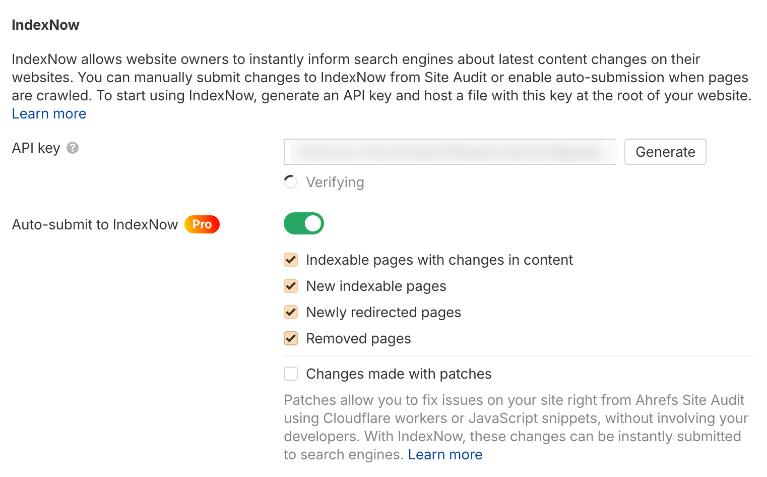 IndexNow settings panel: API key field and auto-submit toggle enabled for indexable, new, redirected, and removed pages.