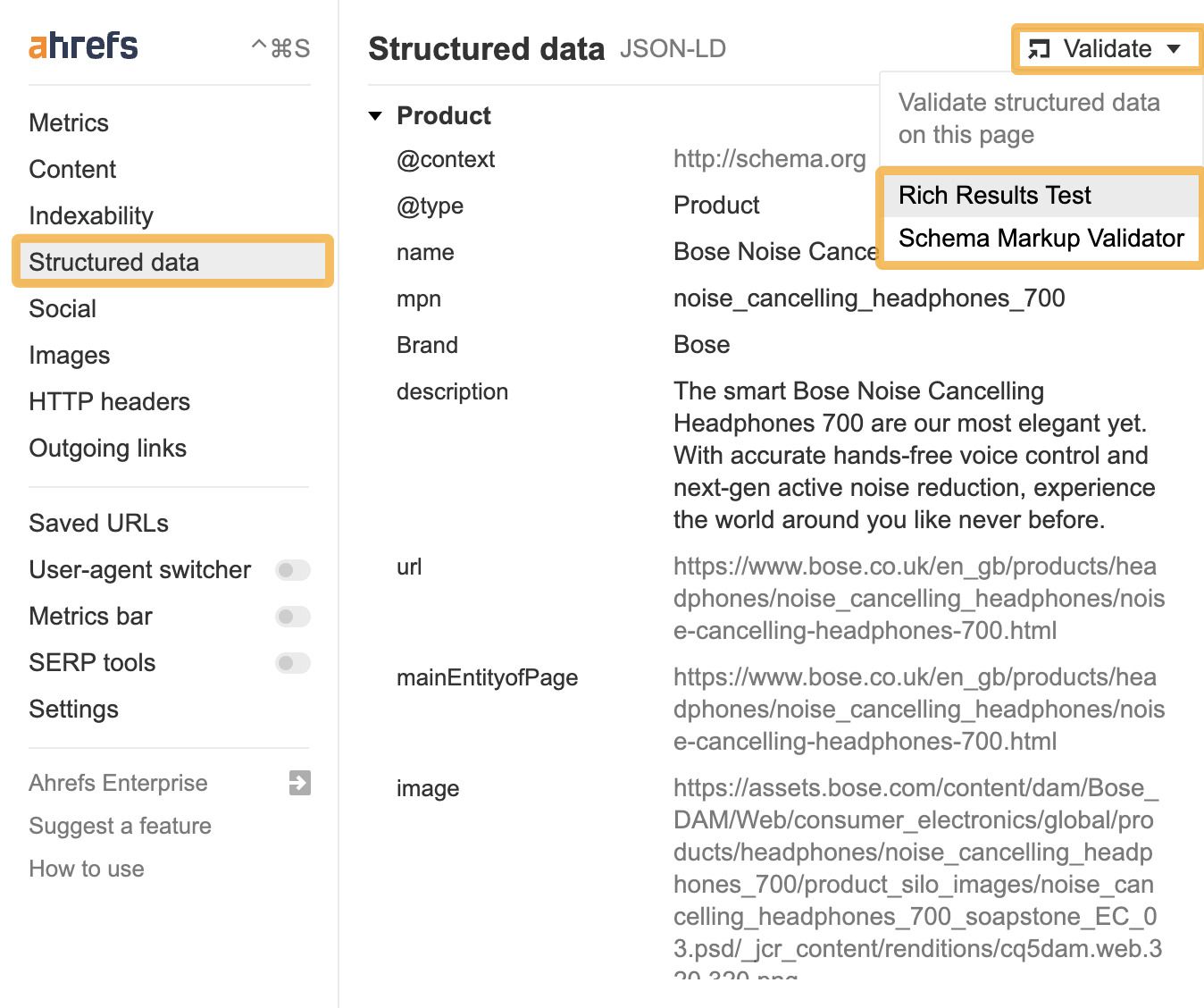 Screenshot of Ahrefs structured data tool showing JSON-LD Product schema for Bose Noise Cancelling Headphones 700