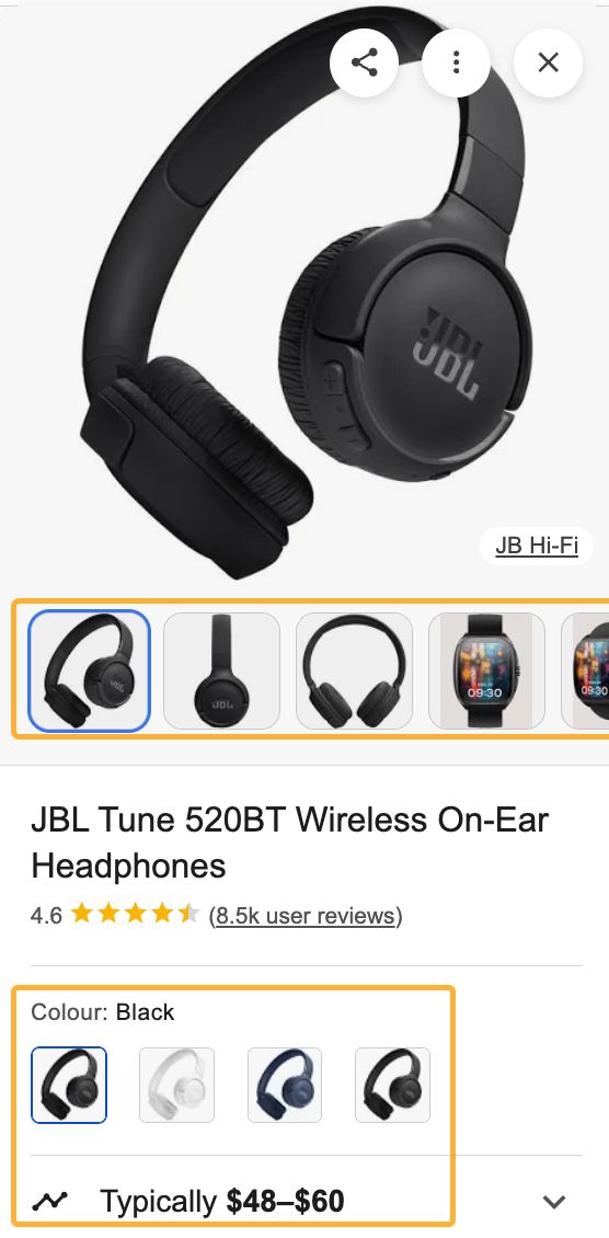 Example of a Google product card for a pair of headphones including images, color, and price details.